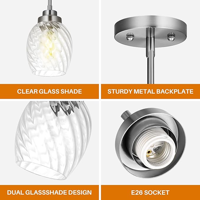 Glass Pendant Lights Kitchen Island,Twisted Clear Glass Treatment Pendant Light,Modern Hanging Light for Kitchen Sink Dining Room Bedroom, E26 (Brushed Nickel, 1pack)