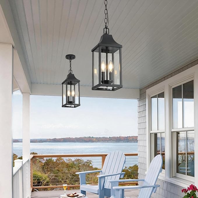 Outdoor Pendant Light Fixtures, 16'' Exterior Hanging Lantern Porch Light, Black Adjustable Hanging Lamp Farmhouse Exterior Chandelier Ceiling Mount for Entrance Patio