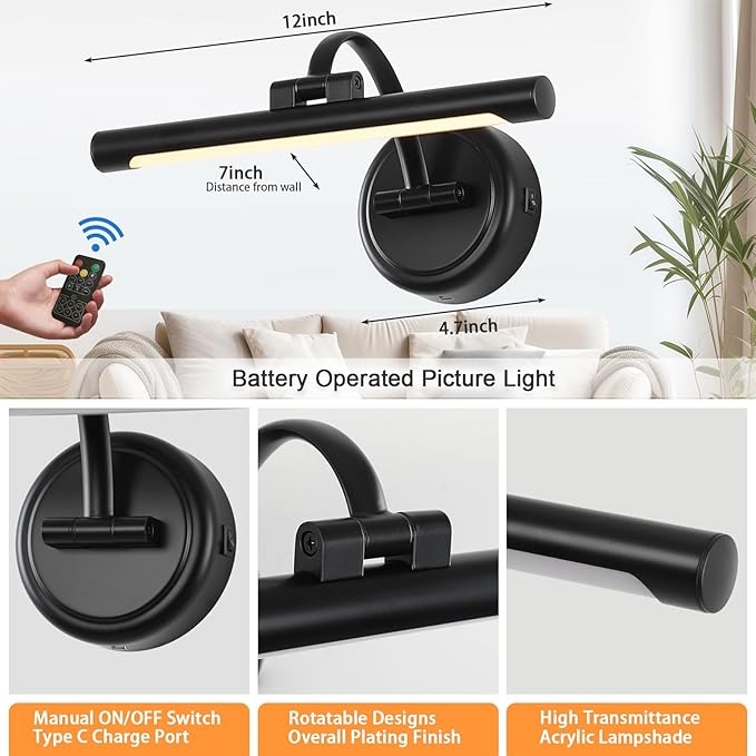 Tassuowell Rechargeable Picture Light for Wall, Cordless Art Lights Battery Operated, Dimmable Wall Light with Remote & Timer, 3 Color Modes for Paintings, Gallery, Artwork(Black, 12inch)