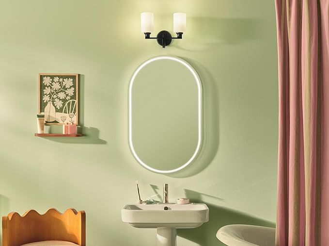 Kichler Gioe 2-Light Bathroom Vanity Light Fixture with Opal Glass, 14.25 in Modern Black Wall Sconce for Mirror, Damp Rated Lighting (14.25 in W x 10.5 in H), 55225BK