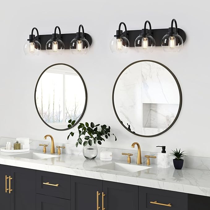 Dpyrrhic Bathroom Vanity Light,Modern 3-Light Bathroom Lighting Fixtures Over Mirror with Clear Glass Shade and Metal Base,Matte Black Bathroom Lighting