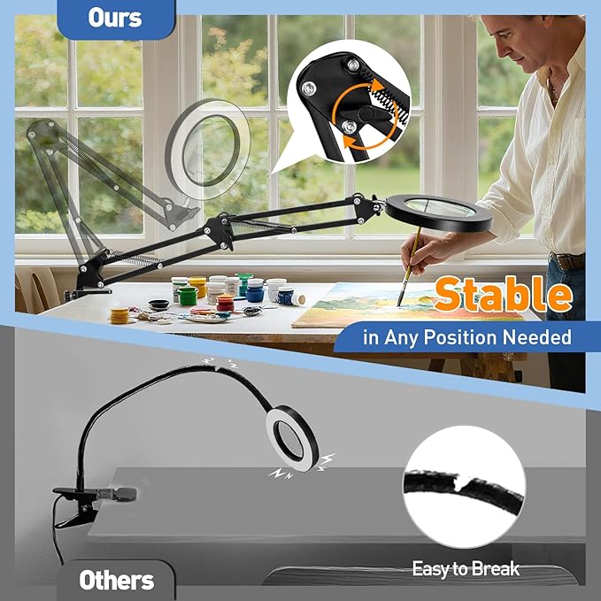 HITTI 10X Magnifying Glass with Light, 1,800 Lumens Stepless Dimmable, 3 Color Modes, 4.2″ Real Glass Lens LED Desk Lamp & Clamp, Magnifier Light and Stand for Crafts, Soldering, Fly Tying, Close Work