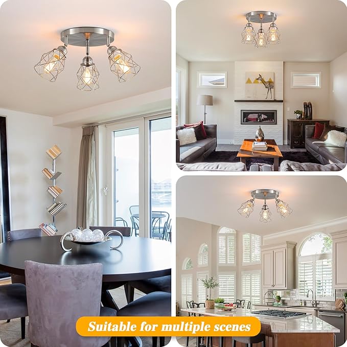 Kitchen Light Fixtures Ceiling Mount, Adjustable Semi Flush Mount Ceiling Light, Multi-Directional Lamp for Kitchen, Hallway, Dining Room, Farmhouse with E26 Base (Brushed Nickel)