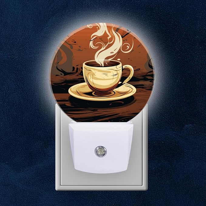 Round LED Night Lights Lamp with Dusk to Dawn Sensor, Steaming Cup of Coffee with Steam Rising Night Light Plug Into Wall for Kids Room, Bedroom, Bathroom, Kitchen, Hallway