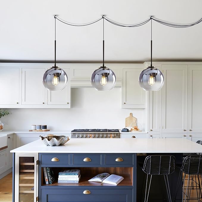KCO Lighting Plug in Pendant Light Glass Globe Pendant Lights Kitchen Island Black and Silver Plug in Hanging Light Fixture with Cord Mid Century Modern Round Pendant Lighting