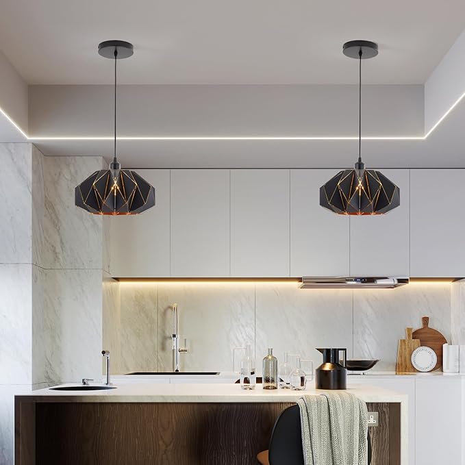 Industrial Black Pendant Lights Kitchen Island,11.8" Metal Dome Hanging Lighting Fixture Modern Wire Cutting Hollow Out Chandelier for Dining Living Room Bar Counter Restaurant,E26