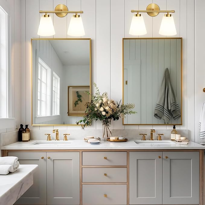 Hamilyeah Gold Bathroom Vanity Light Fixture with Frosted Glass Shade, 2 Light Vanity Lighting Fixture Over Mirror, 2 Bulb Wall Lamps for Bathroom, Restroom, Living Room