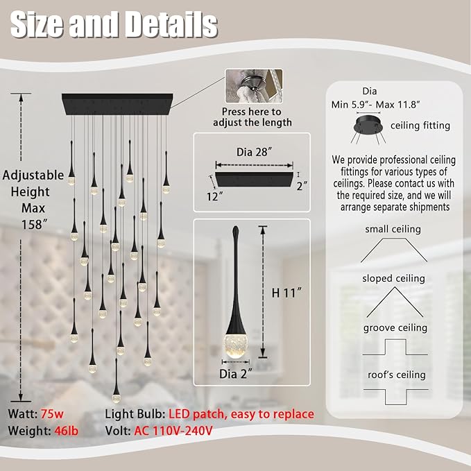 ykolupty 24-Lights Rectangular Chandelier Crystal Raindrop Chandeliers Flush Mount Ceiling Light for Dining Room Living Room High Ceiling Chandelier for Staircase Foyer Entryway Black Chandeliers
