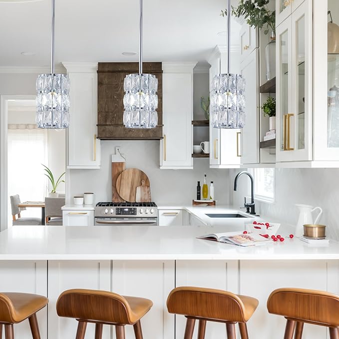 Modern Crystal Pendant Light 3-Pack Chrome Finish Pendant Lights Mini Crystal Chandelier Adjustable Hanging Ceiling Light Fixtures for Kitchen Island Dining Room Bedroom Entryway Hallway Bar