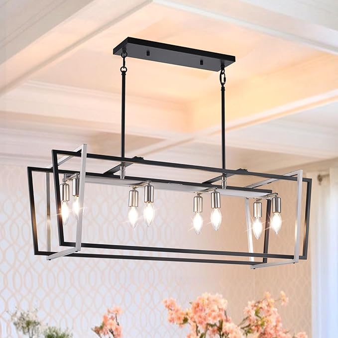 36" Dining Room Light Fixture/Chandelier Over Table, 8-Light Kitchen Island Lighting, Hanging for Farmhouse Linear Chandeliers, Black and Sliver Rectangle Chandeliers for Dining Room,E12 Socket