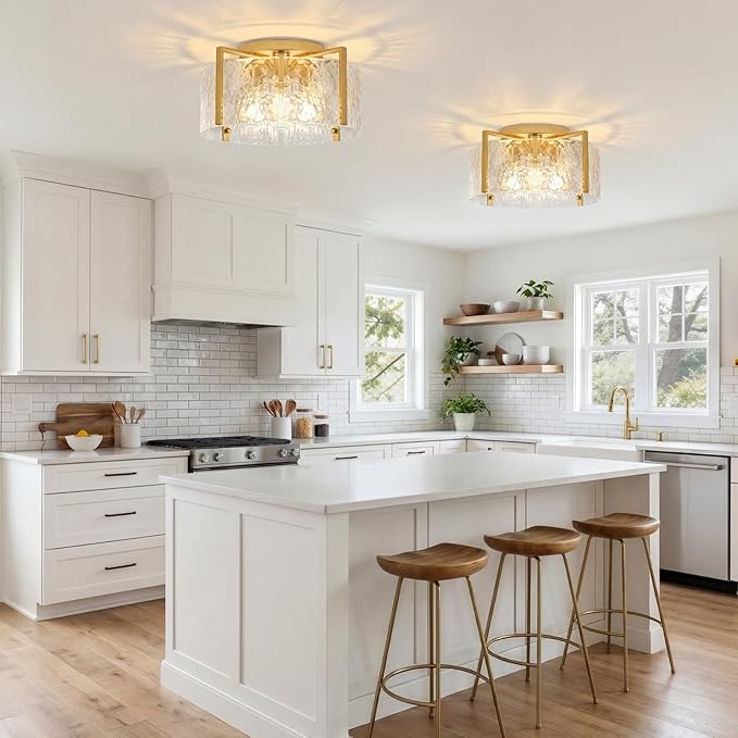 16'' Modern Gold Semi Flush Mount Ceiling Light, 4-Light Glass Drum Light Fixtures, Ceiling Lights for Hallway Entryway Bedroom Kitchen Canteen Bedroom Laundry Room Lighting Fixture Bulbs not Included
