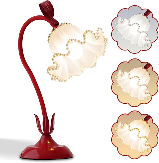AQDZCNF Flower Table Lamp,LED Reading Light Bedside Vintage Flower Night Light,3 Colors Modes Kawaii Bedside Lamps Decor,Living Room Bedroom Room Lighting Table Lamps Home Decoration (Red Pearls)