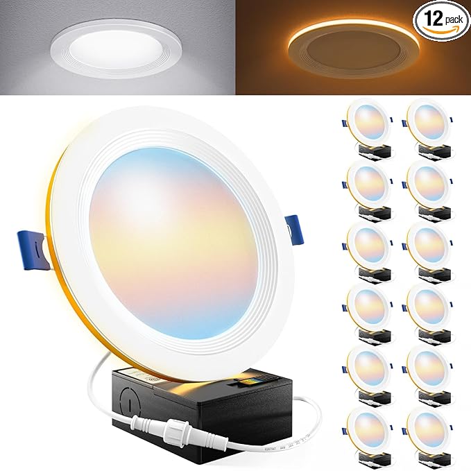 Sunco 12 Pack 6 Inch LED Recessed Light with Night Light, Flush Mount Ceiling Light, Baffle Trim Slim Can Lights, 1500 LM, Selectable CCT 2700K/3000K/4000K/5000K/6000K, Dimmable, 14W=100W ETL