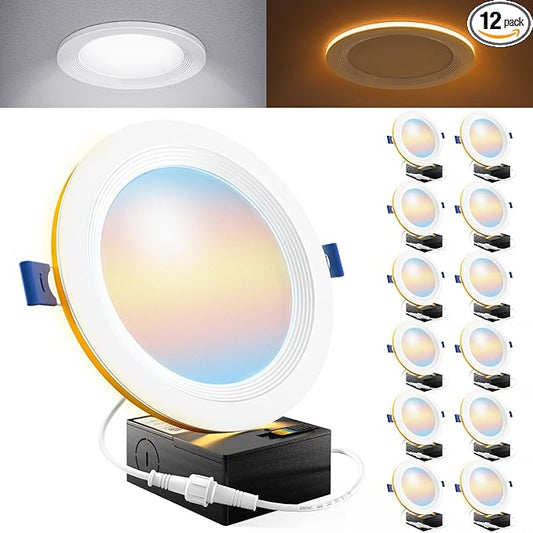 Sunco 12 Pack 6 Inch LED Recessed Light with Night Light, Flush Mount Ceiling Light, Baffle Trim Slim Can Lights, 1500 LM, Selectable CCT 2700K/3000K/4000K/5000K/6000K, Dimmable, 14W=100W ETL