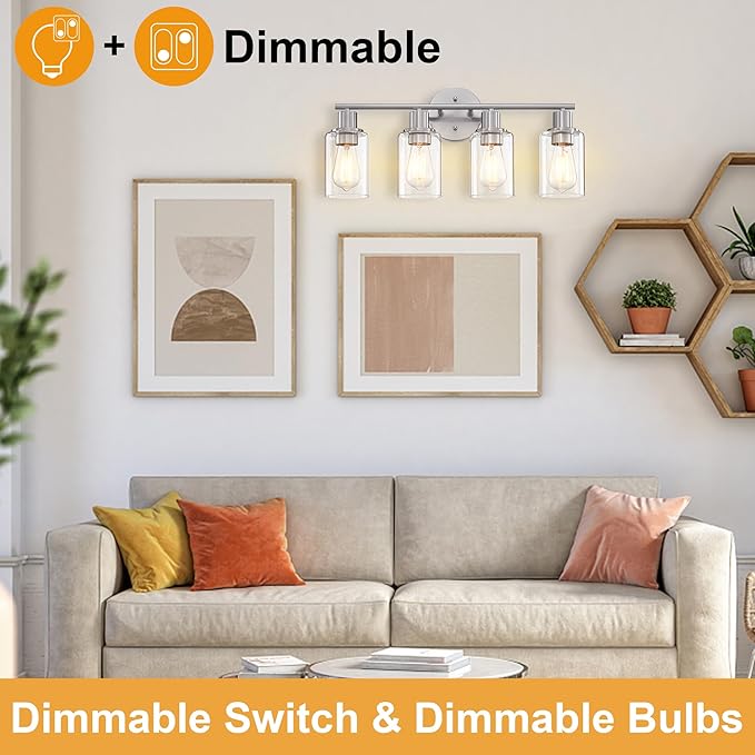 Pia Ricco Bathroom Vanity Light Fixtures, 4-Light Bathroom Wall Lights with Clear Glass Shades, Modern Wall Sconce Over Mirror, Bath Wall Sconces for Mirror Living Room Bedroom Hallway