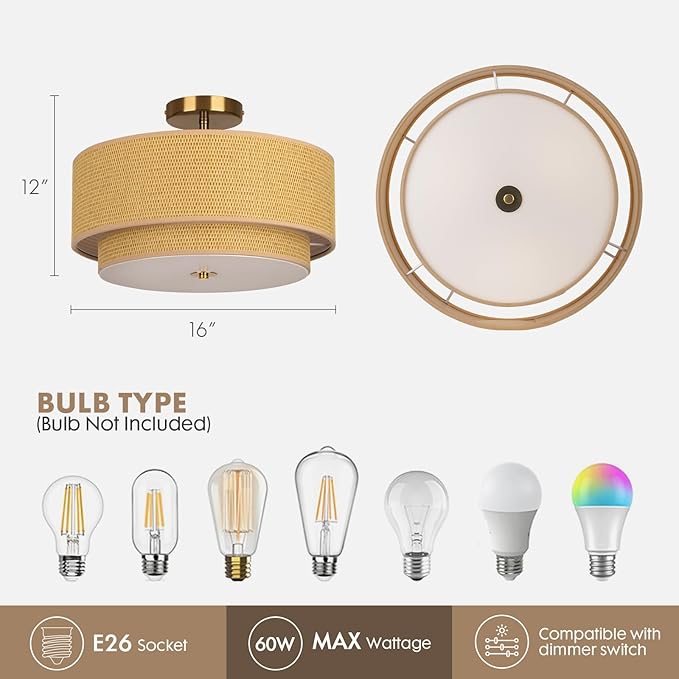 16 Inch Modern Semi Flush Mount Ceiling Light Fixture, Double Rattan and Wicker Style Drum Shade, Gold Farmhouse Flush Ceiling Lamp for Bedroom, Living Room, Dining Room, Kitchen