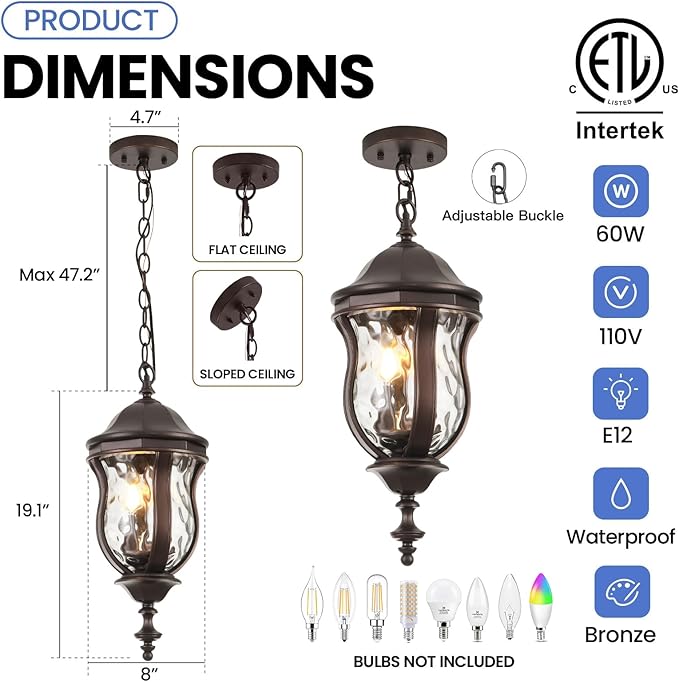 Large Outdoor Pendant Light Fixtures, 19.1'' Exterior Hanging Lantern Porch Light Adjustable, Brown Hanging Lamp Farmhouse Exterior Chandelier Ceiling Mount for Entrance Patio