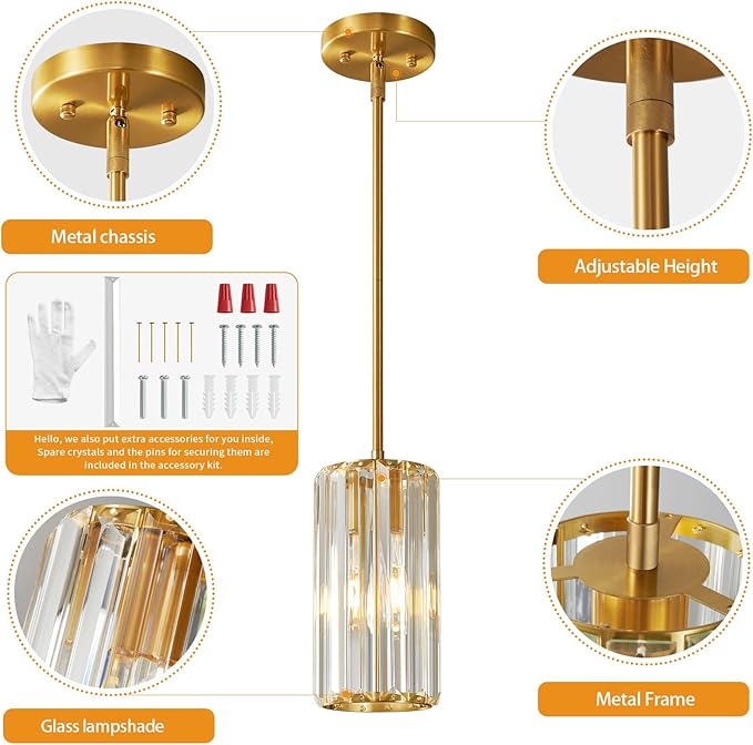 Gold Pendant Lighting Modern Pendant Light Mini Crystal Chandeliers Adjustable Pendant Light Fixture for Kitchen Island Dinning Room Corridor Bedroom (Gold 1-Light)