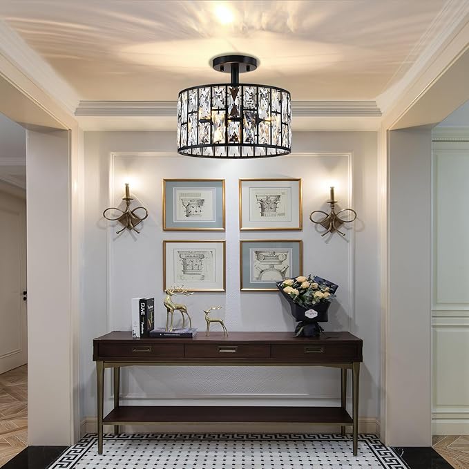 3 Light 12" Crystal Hanging Kitchen Island Ceiling Light Black Finish,Concise Pendant Fixture Crystal Metal Pendant Chandelier Lamp Shade for Bar,Dining Room,Living Room Over Sink