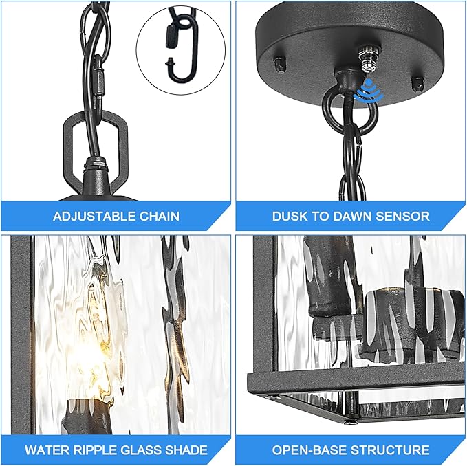 Outdoor Pendant Lights for Porch Chandelier Outdoor Pendant Lights Dusk to Dawn, 2-Light Modern Hanging Porch Lights Exterior Hanging Light Fixture with Water Ripple Glass for Patio Gazebo