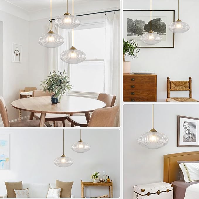 Mid Century Clear Glass Pendant Lights Kitchen Island Modern Brushed Gold Hanging Light Fixture Vintage 1 Light Single Indoor Round Pendant Lighting Adjustable Globe Hanging Lamps MPL30-D