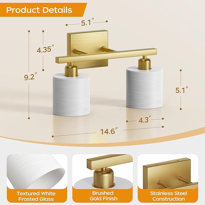 PARTPHONER Bathroom Light Fixtures, Bathroom Lighting Fixtures Over Mirror, Interior Classic Vanity Lights, Modern Vanity Light with Textured White Glass Shade, Brushed Gold, 2-Light