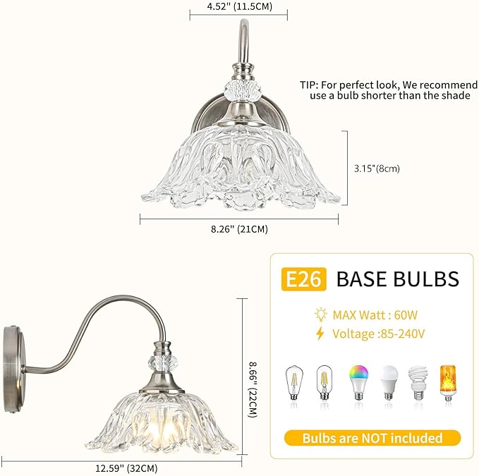 1 Piece Brushed Nickel Wall Sconce with Floral Clear Glass Shade, Brushed Nickel Finish Wall Mount Lighting for Bathroom, Modern Bathroom Vanity Light Fixture
