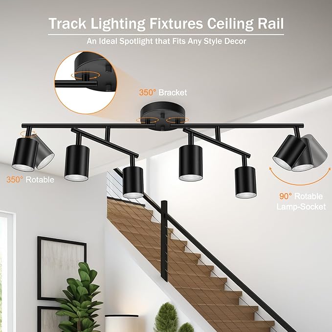 Track Lighting Fixtures Ceiling Black, 6 Light Track Lighting Kit for Kitchen, 30" Flexibly Spotlight with Rotatable Head, Modern LED Flush Mount Ceiling Lighting for Living Room Bedroom(GU10,NO Bulb)