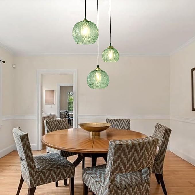 3-Light Glass Globe Light for Kitchen Island, Mid-Century Modern Pendant Ball Chandelier with Green Ribbed Lampshade, Vintage Hanging Ceiling Light Fixture for Dining Room, Over Sink, Table