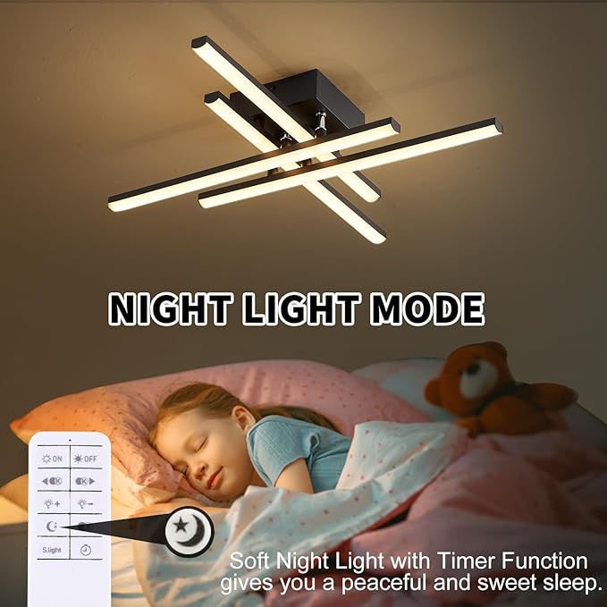 Modern LED Ceiling Light with Remote, Dimmable 24in Ceiling Lights for Bedroom Living Dining Room Kitchen, Black Flush Mount Ceiling Light Fixture LED Chandelier Ceiling Lamp (4-Light, 2000lm)