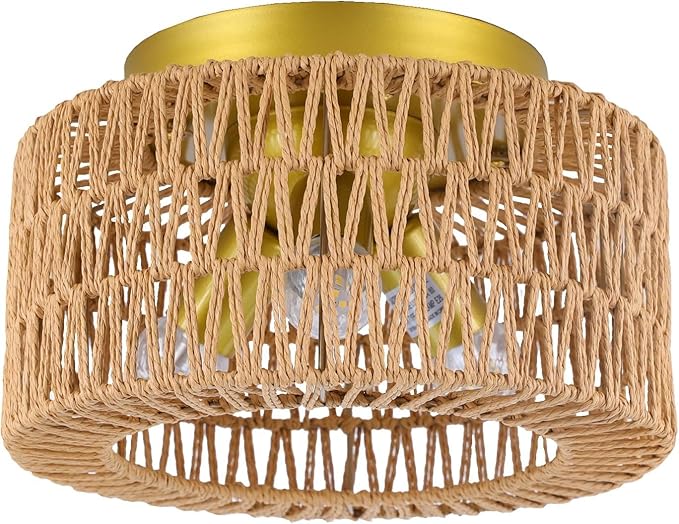 Rattan 3-Light Ceiling Light Fixture, Boho Flush Mount Ceiling Light, Modern Ceiling Light with Hand-Woven Shade for Bedroom Living Room Enterway Foyer