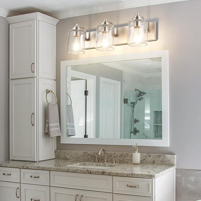 SOLFART Brushed Nickel Vanity Light Bathroom Light Fixtures Over Mirror 3 Light Bathroom Lights for Mirror Bathroom Vanity Lighting