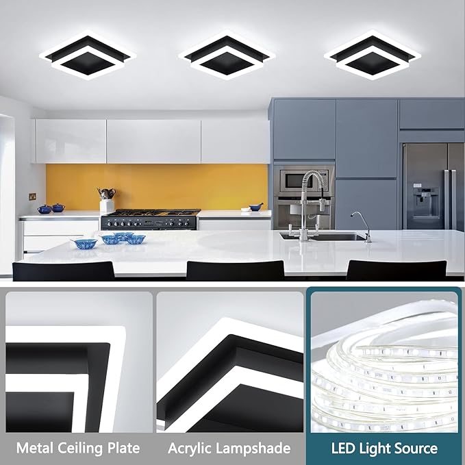 Modern LED Ceiling Light, Hallway Flush Mount Ceiling Light, 32W, 6000K, Black Square Hallway Lighting Fixtures for Living Room Kitchen Bedroom (Black) 2 Pack