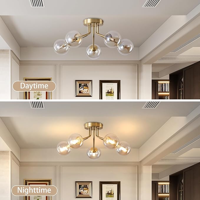 Modern Sputnik Chandeliers 5 Light Gold Semi Flush Mount Ceiling Light Fixture Pendant Lamps Bulb with Glass Globe Lighting for Bedroom Kitchen Living Dining Room Office