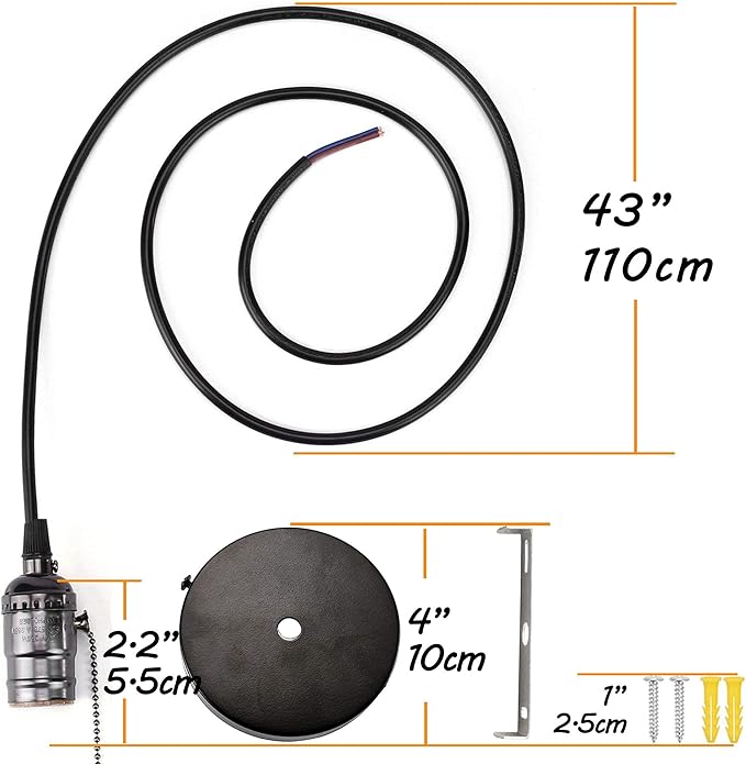 ACBungji Industiral Pendant Light Fixture with Pull Chain,DIY Vintage Hanging Lighting Kit with E26 Edison Bulb Socket 3.6FT Electrical Cord Wire for Indoor Kitchen,Black