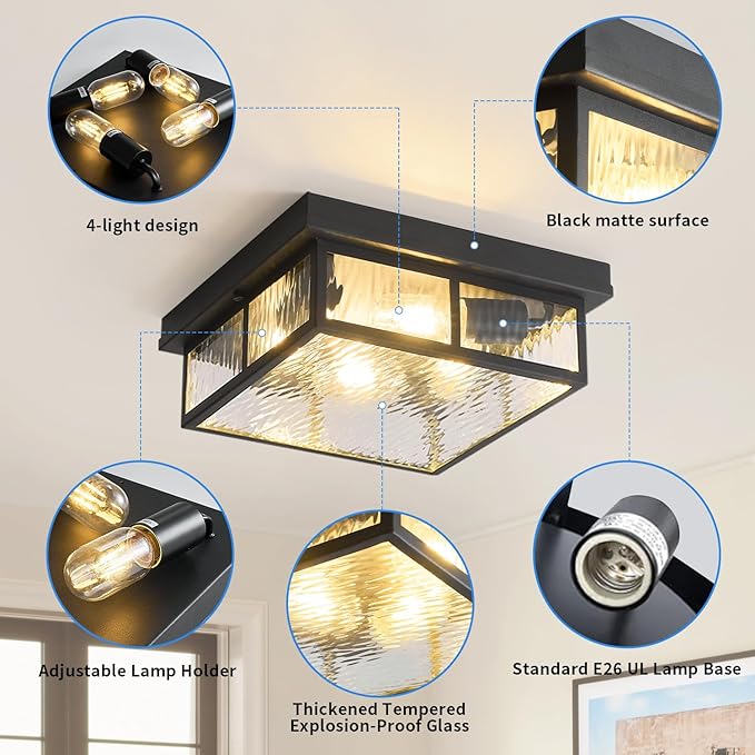 Farmhouse Flush Mount Ceiling Lights Fixtures with Water Ripples Glass Shade,Modern Matte Black Metal Square Ceiling Lamp for Bedroom,Kitchen,Porch,Entryway and Hallway,12 inch,4-Light