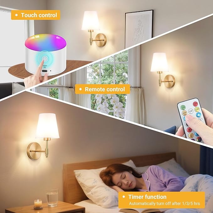YHCDLAMP Battery Operated Wall Sconces Set of Two, Rechargeable Wireless Wall Lights with 10000mAh RGB Dimmable Detachable Bulb, Battery Sconces Wall Decor with Remote for Bedroom Living Room Hallway