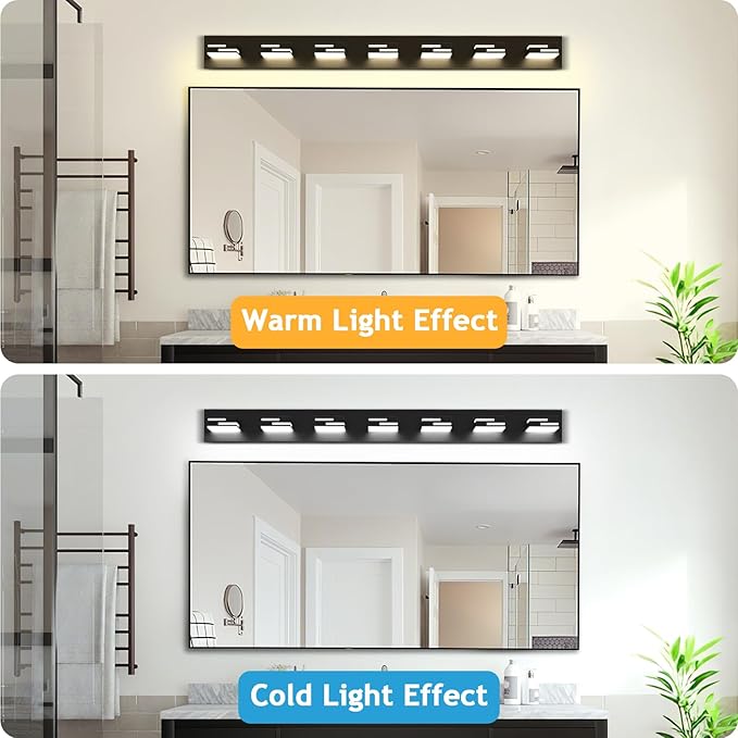 LED Modern Bathroom Vanity Light Fixtures 7-Light 48-inch 5CCT Dimmable Matte Black Vanity Lights for Bathroom Lighting Fixtures Over Mirror, with 360° Rotatable Acrylic Heads