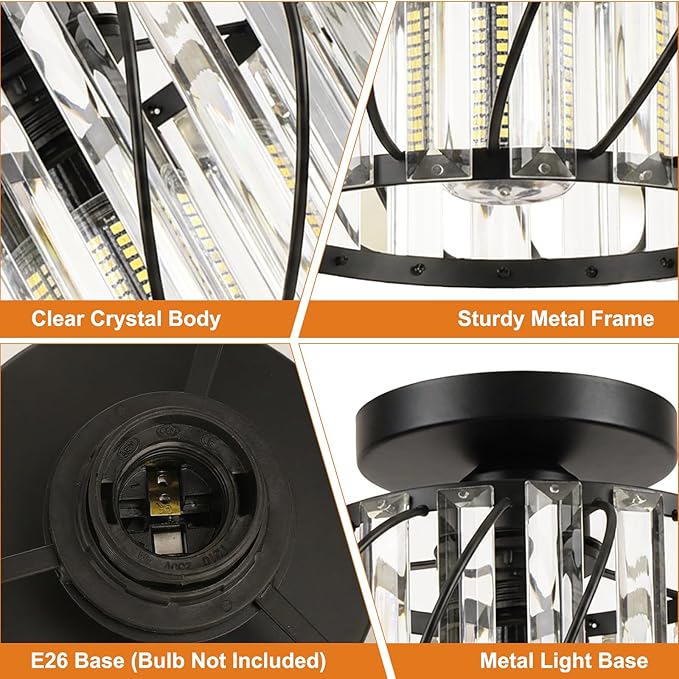 Black Crystal Ceiling Light Fixture - Small Crystal Chandelier Semi Flush Mount Ceiling Light Modern Hallway Lights fixtures for Entryway Bedroom Porch Kitchen (11 Inch, Bulb not Included)