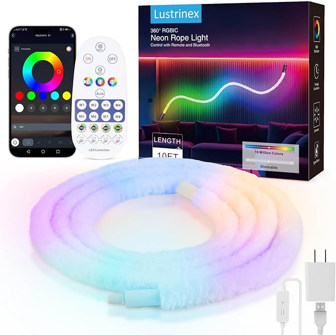 LED Neon Rope Lights, 10ft RGBIC 360° Luminous 5v USB Bluetooth APP Control Music Sync IR Remote Color Changing Smart LED Strip Lights for Bedroom Gaming Party Decor