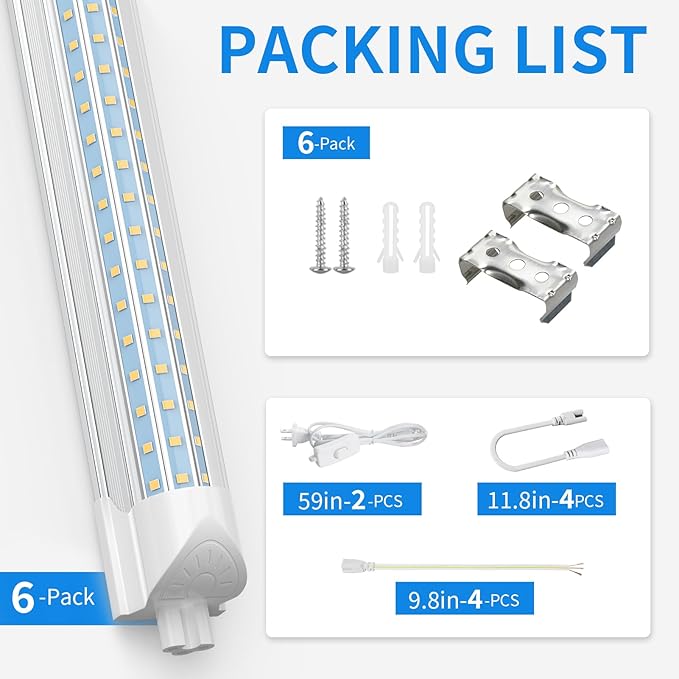 CNSUNWAY 2FT LED Shop Light, 24W 3600LM 5000K Daylight, T8 Integrated LED Light Fixture, D-Shape High Output, Linkable Shop Lights for Workbench, Kitchen, Basement, ETL Listed (6-Pack)