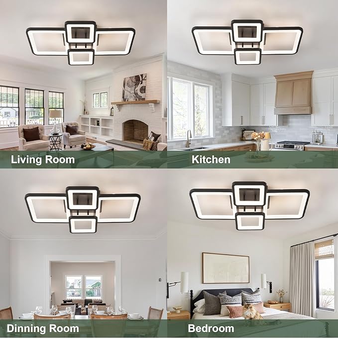 Modern Ceiling Lights 24" 42W, Dimmable Kitchen Lighting Fixtures Ceiling, 3000-6500K Light Fixture Ceiling Mount with Remote Control, Black Square LED Ceiling Light for Bedroom