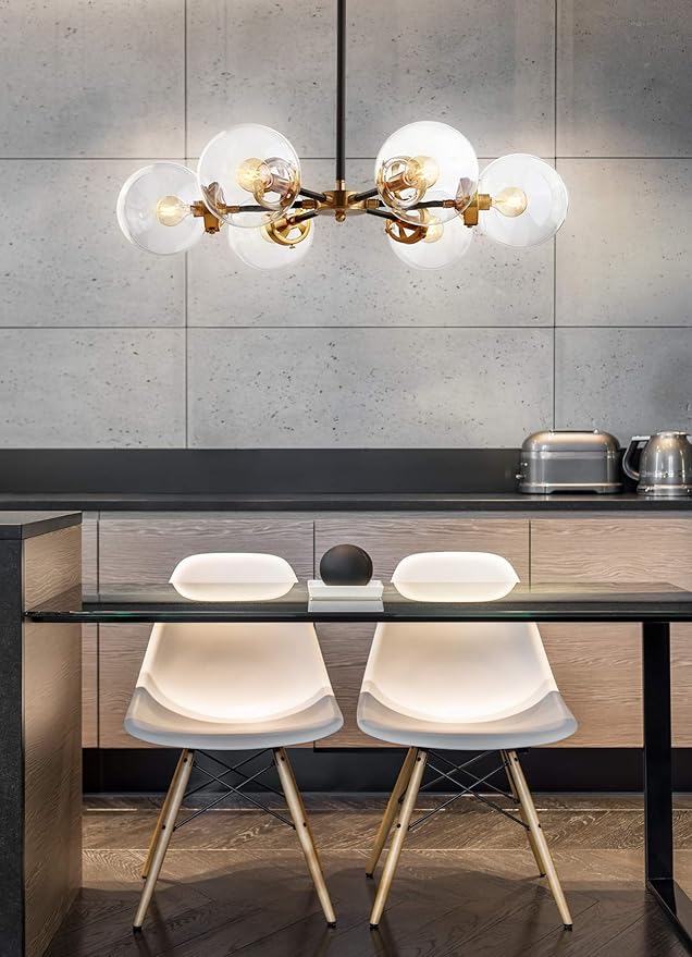 JONATHAN Y 28" Black/Brass Gold Modern 6-Light Cluster Pendant Chandelier, Clear Glass Shade Hanging Fixture for Kitchen Island Dining Room, LED Bulbs Included, Dimmable JYL9015A