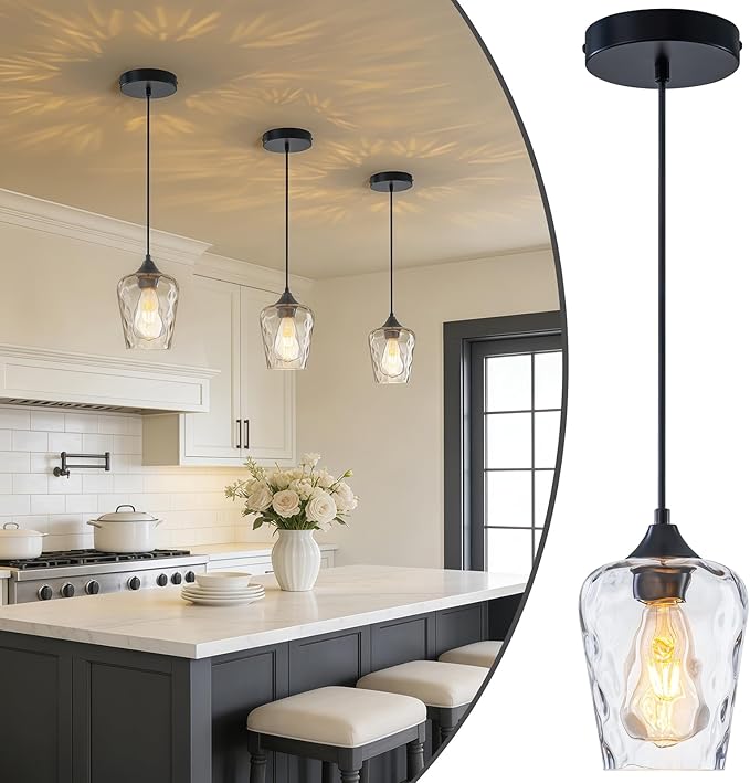 1 Pack Mini 5.1" Black Hammered Glass Pendant Light Fixtures, Small Farmhouse Kitchen Pendant Light with Hammered Glass Shade, Black Pendant Lights Kitchen Island Lighting for Dining Room Sink