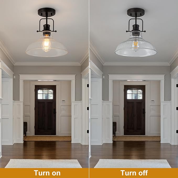 WILON Rustic Farmhouse Ceiling Light, Seeded Glass Ceiling Light, Rust Semi Flush Mount Ceiling Lights, Kitchen Lighting Fixtures Ceiling Lamp for Sink Foyer Entryway Bathroom Laundry Room Hallway