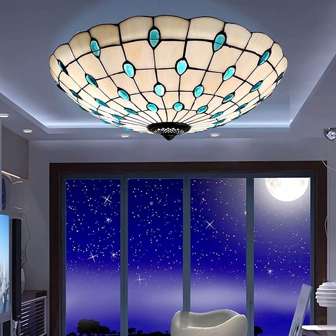 Tiffany Flush Mounts Ceiling Lights,Peacock Blue Crystal Beads Stained Glass Lampshade Ceiling Lamp for Kitchen Dining Room Livingroom Bedroom Ceiling Chandeliers Pendant Light,Blue,21in