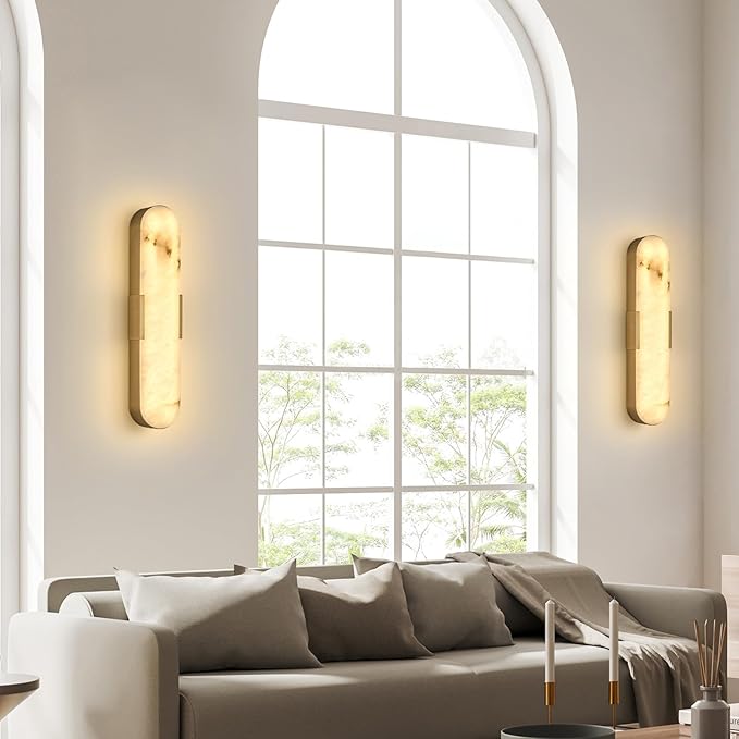 20 in Gold Alabaster Wall Sconces 2 Pack Spanish Natural Marble Wall Lights Indoor Brass Marble Wall Lighting Bathroom Vanity Light LED Alabaster Wall Lamps for Bedroom Hallway Dining Room