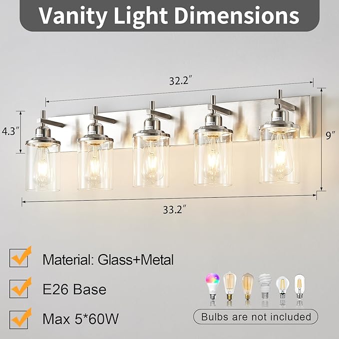 Lanhall 5-Light Brushed Nickel Bathroom Light Fixture Over Mirror Modern Bathroom Vanity Light Vintage Wall Lighting with Clear Glass Shade for Bathroom, Bedroom, Hallway, Cabinet
