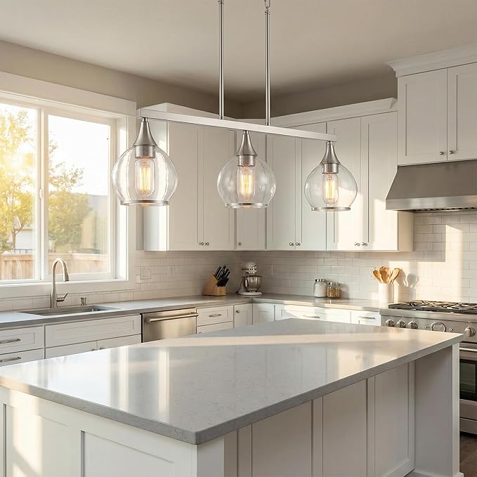 Kitchen Island Linear Pendant Light, 3-Light Modern Chandelier with Clear Glass Globe Shades, Linear Lighting Fixture Over Dining Table, Brushed Nickel