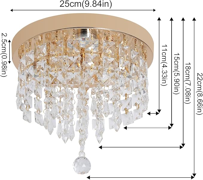Deckrico Gold Crystal Chandelier Flush Mount Ceiling Light – Modern LED Lighting Fixture for Bedroom, Closet, Bathroom, Hallway – White Light